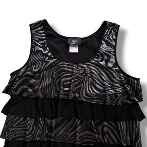 Libra Women's L Black Silver Metallic Sequins Zebra Tiered Ruffled Tank Top Y2K